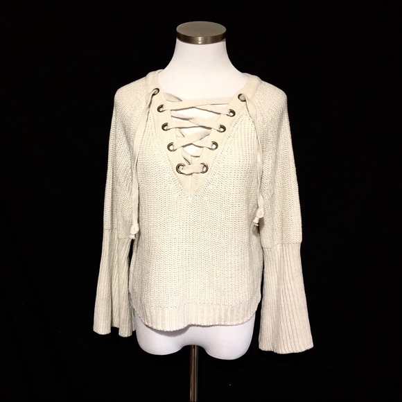 Sweaters - Oyster Shell Lace Up Sweater